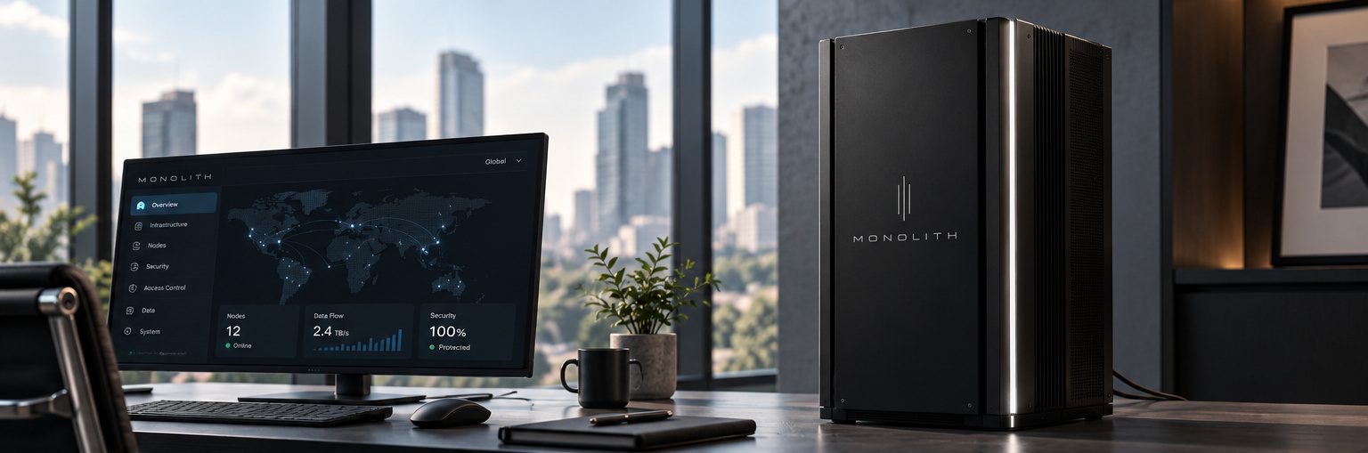 The Monolith appliance standing on a desk beside a monitor showing its security dashboard, in a high-rise office