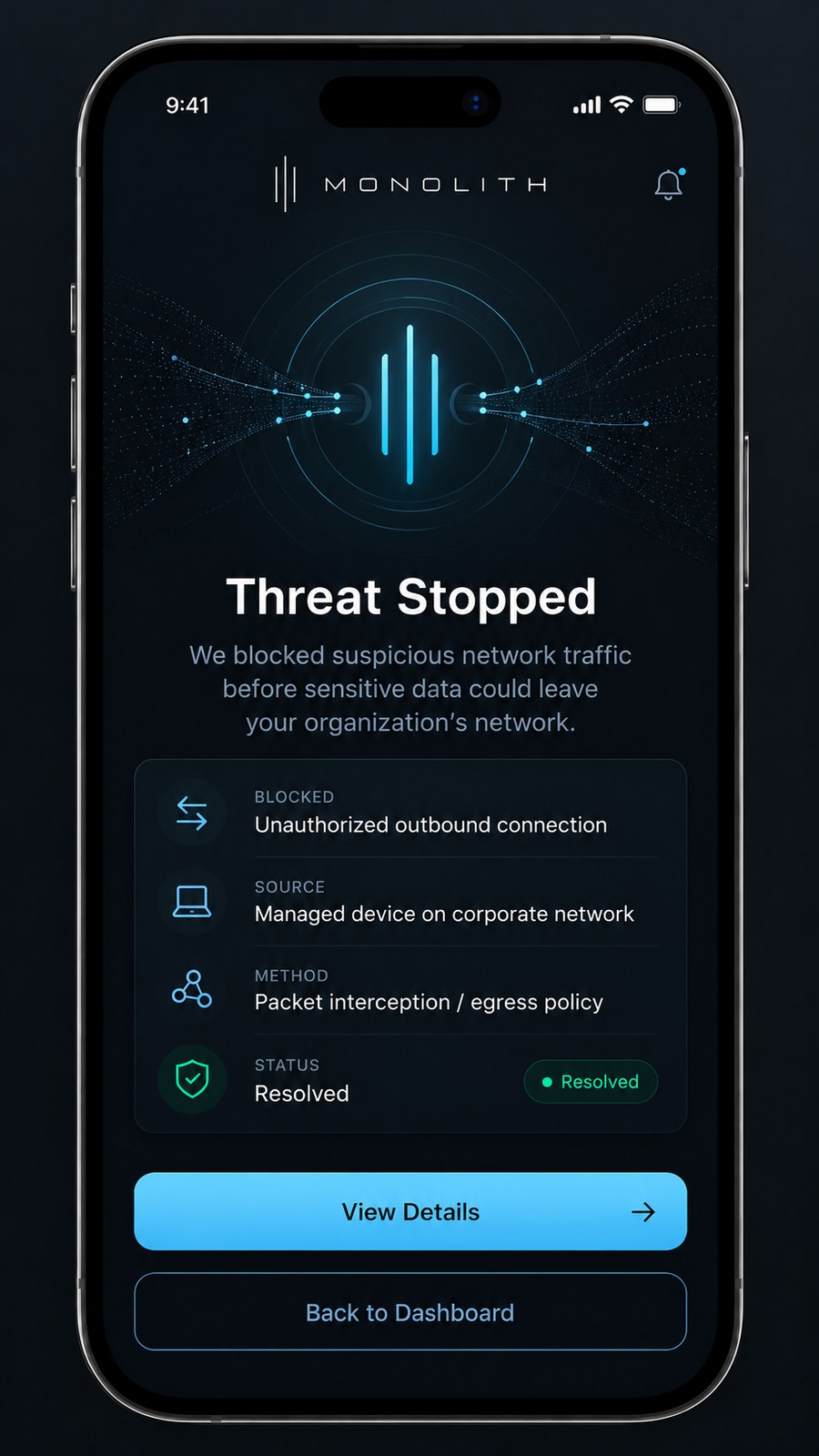The Monolith app showing a Threat Stopped screen: unauthorized outbound connection blocked from a managed device, method packet interception and egress policy, status resolved