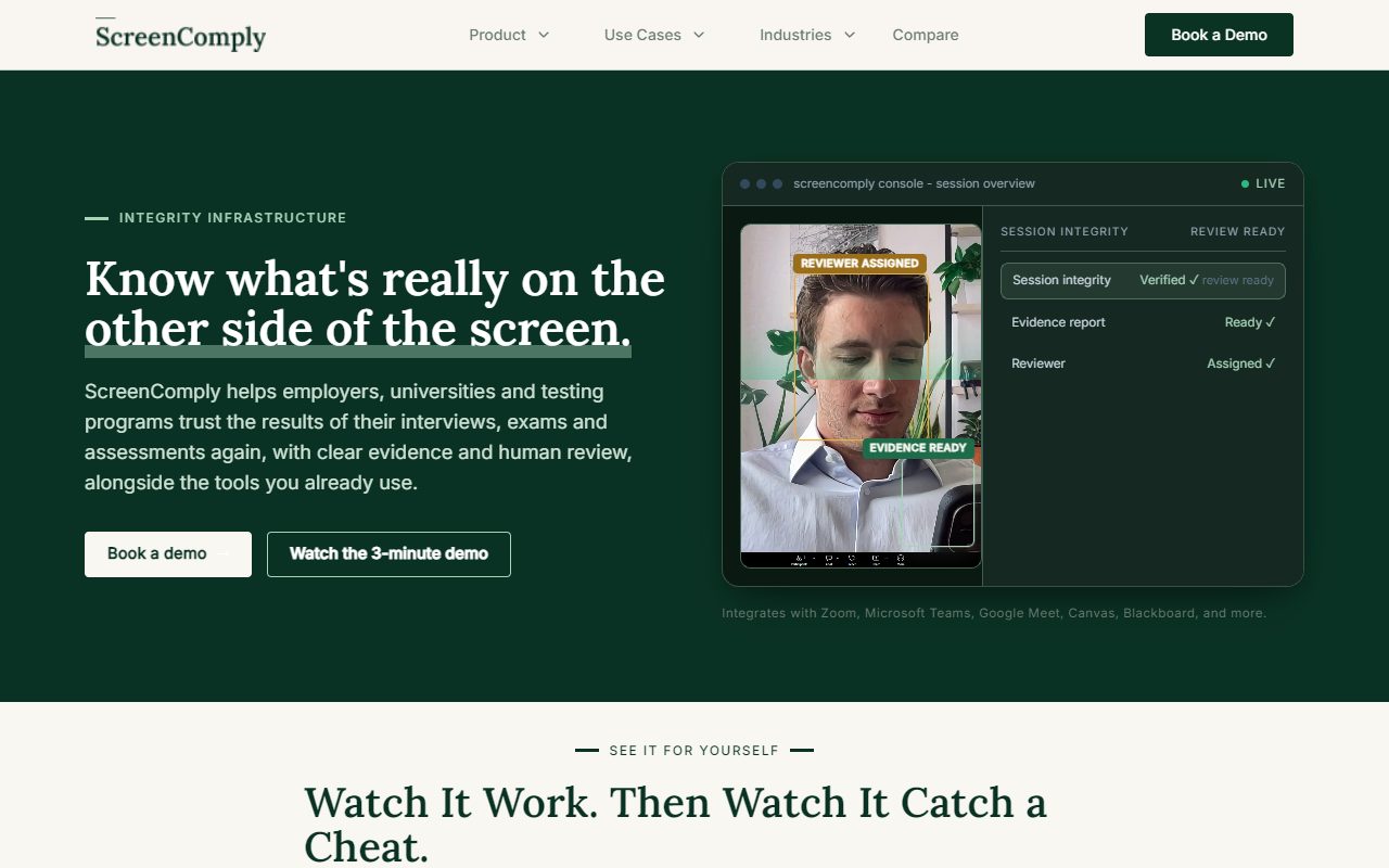 The ScreenComply homepage: Know what is really on the other side of the screen, with a live session-integrity console